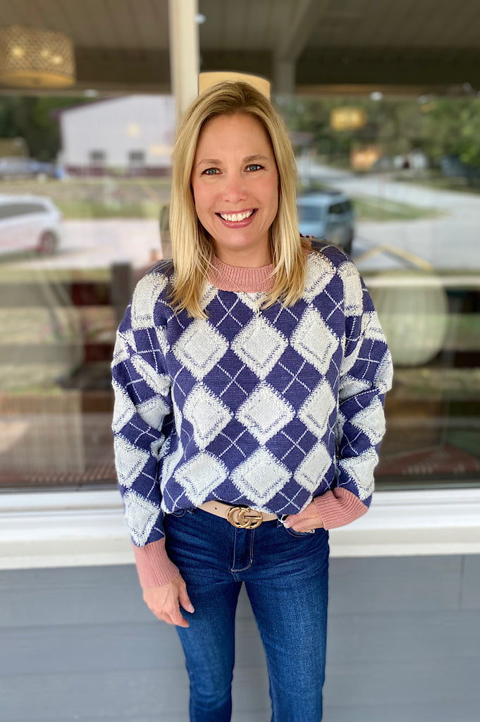 Reese Mauve and Navy Diamond Knit Sweater