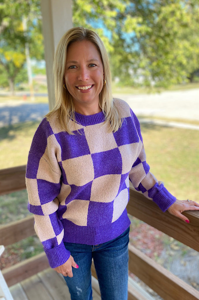 Gabbi Pink and Purple Checkered Knit Sweater