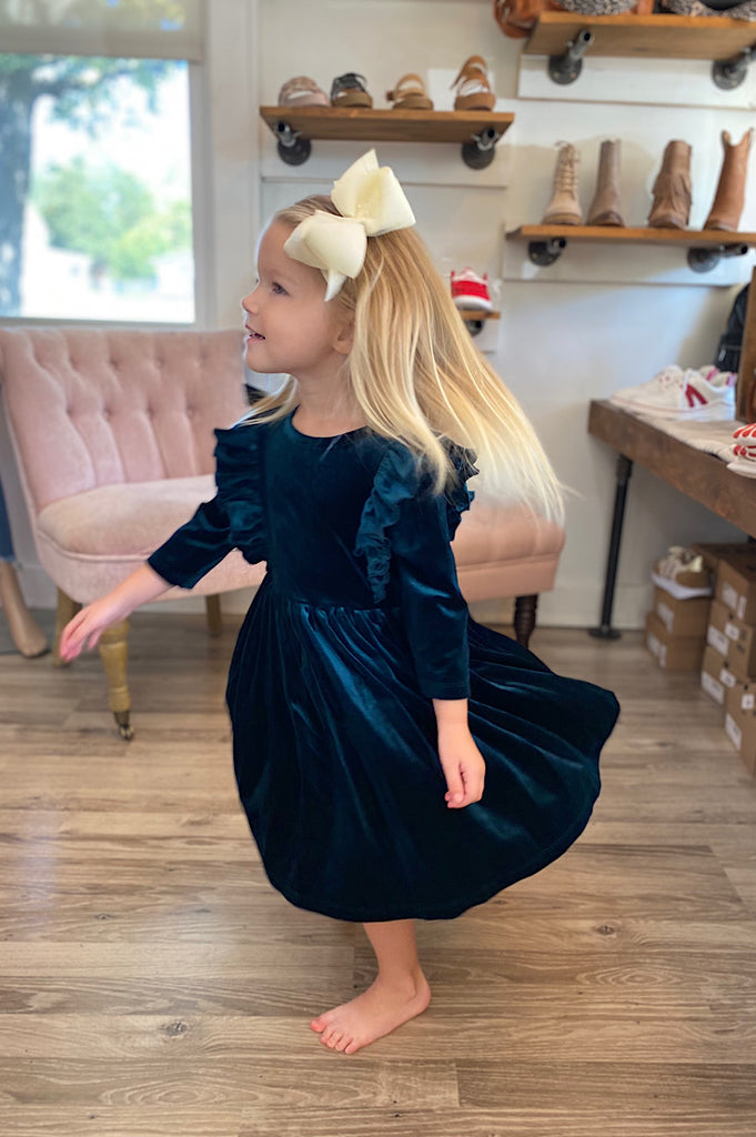 Aubrie Teal Velvet Ruffle Twirl Dress