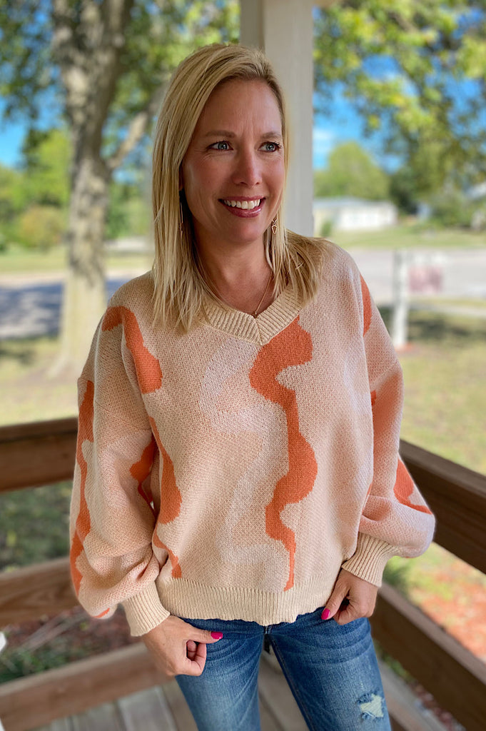 Teegan Long Balloon Sleeve Pattern V- Neck Sweater