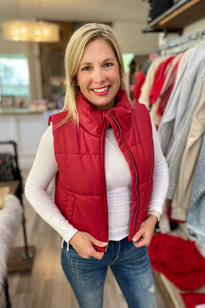 Scarlet Faux Leather Red Puff Vest