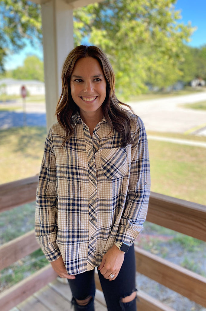 Kylen Taupe and Navy Plaid Flannel