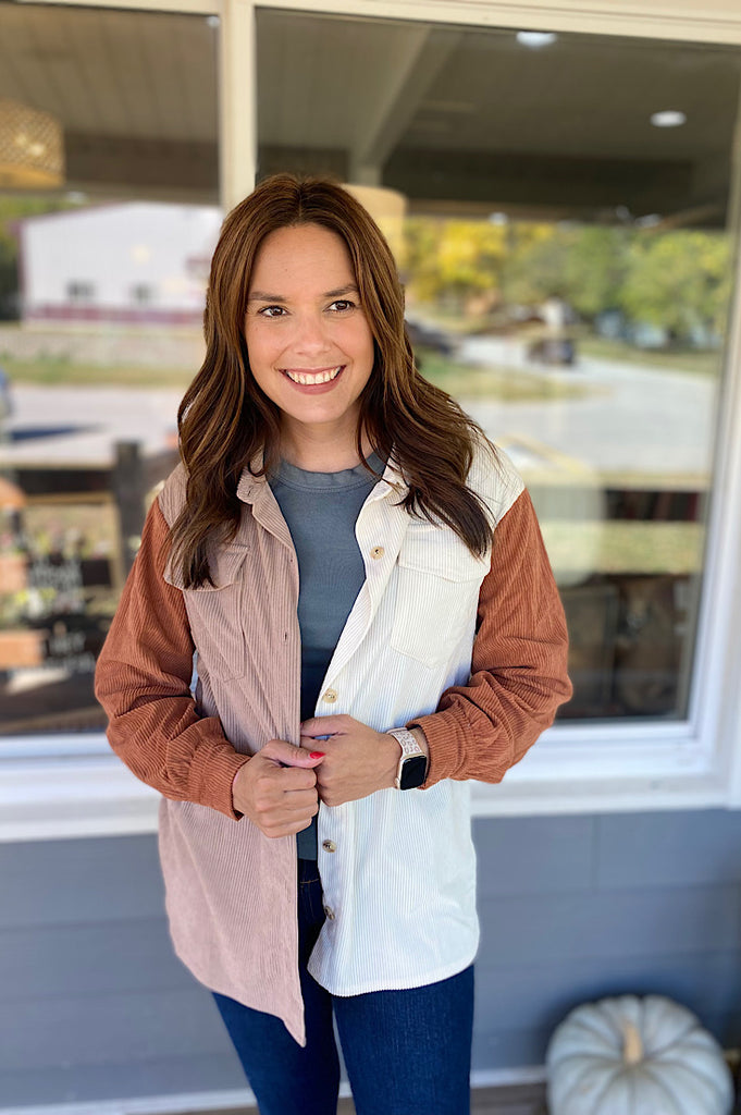 Hagen Color Blocked Corded Button Up Shacket