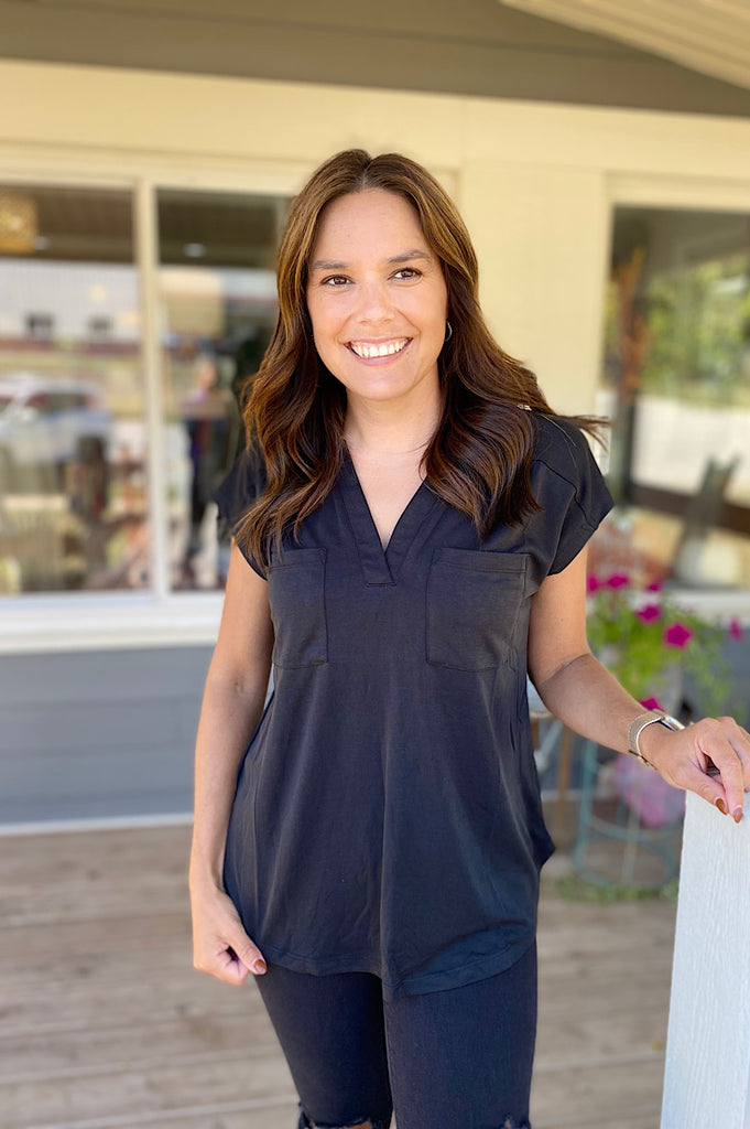 Malia Black Woven 2-Pocket Tee