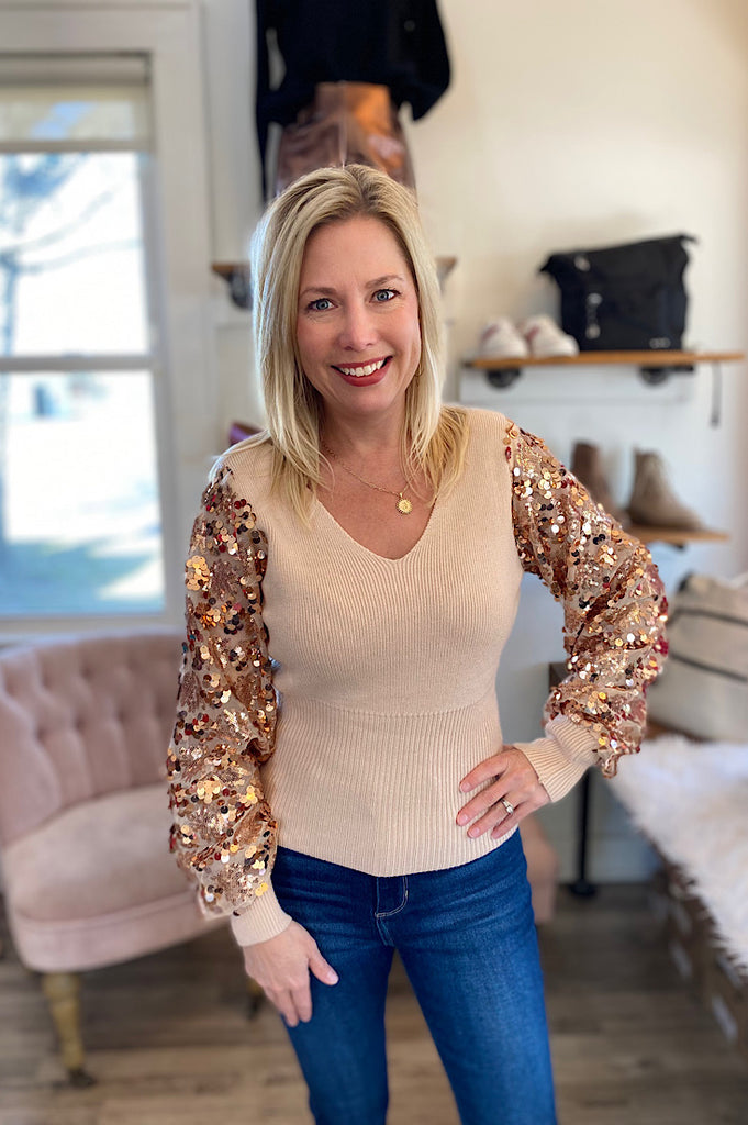 Chenel Blush Sequin Sleeve Sweater
