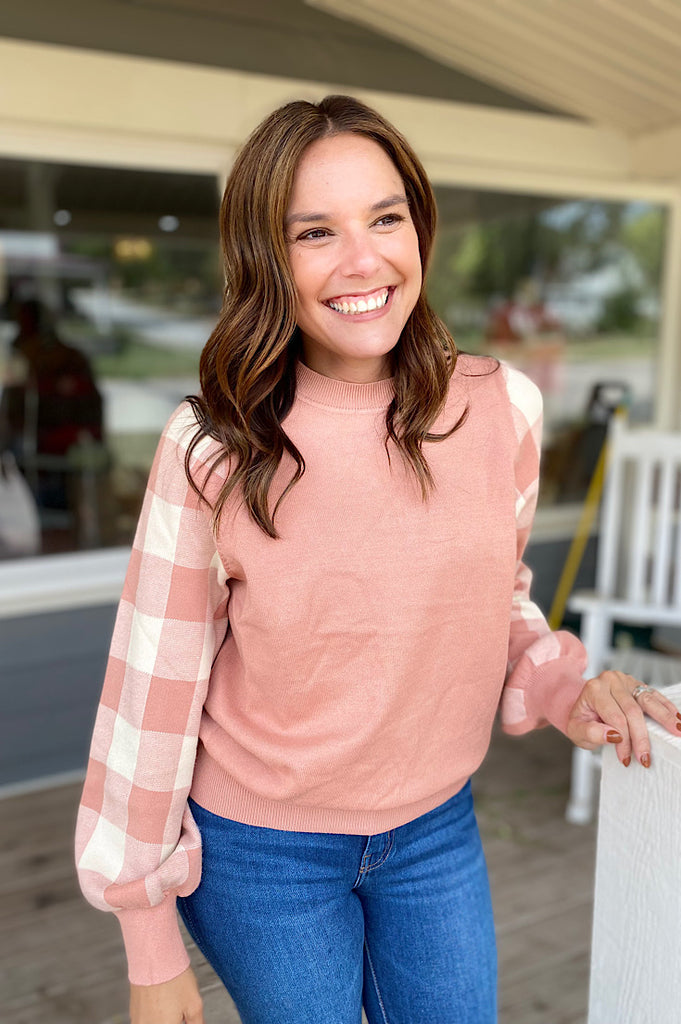 Nicole Mauve Plaid Sleeve Sweater
