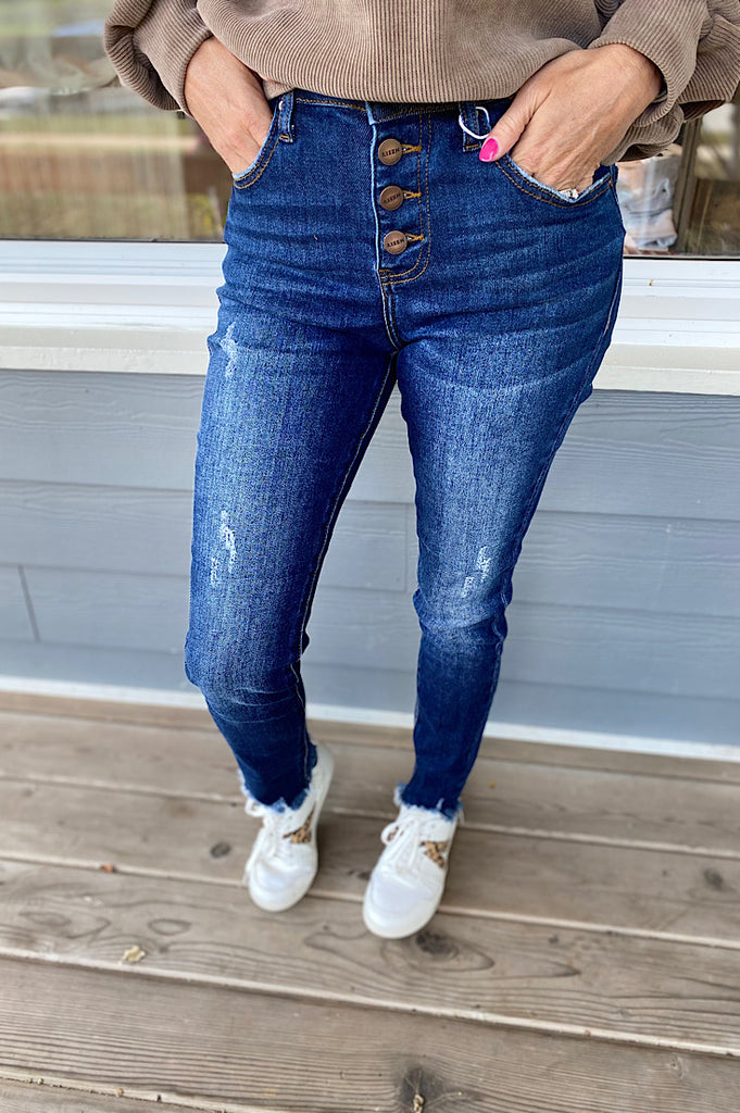 Reid Risen Dark Wash Button Fly Raw Hem Skinnies