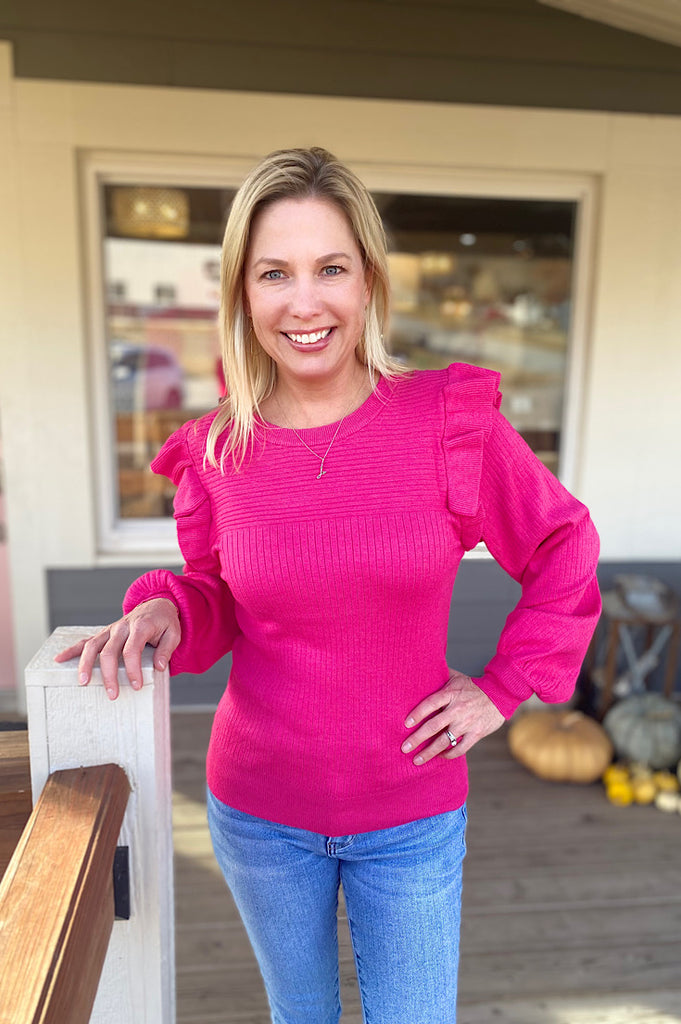 Cassie Ruffle Trim Ribbed Hot Pink Sweater