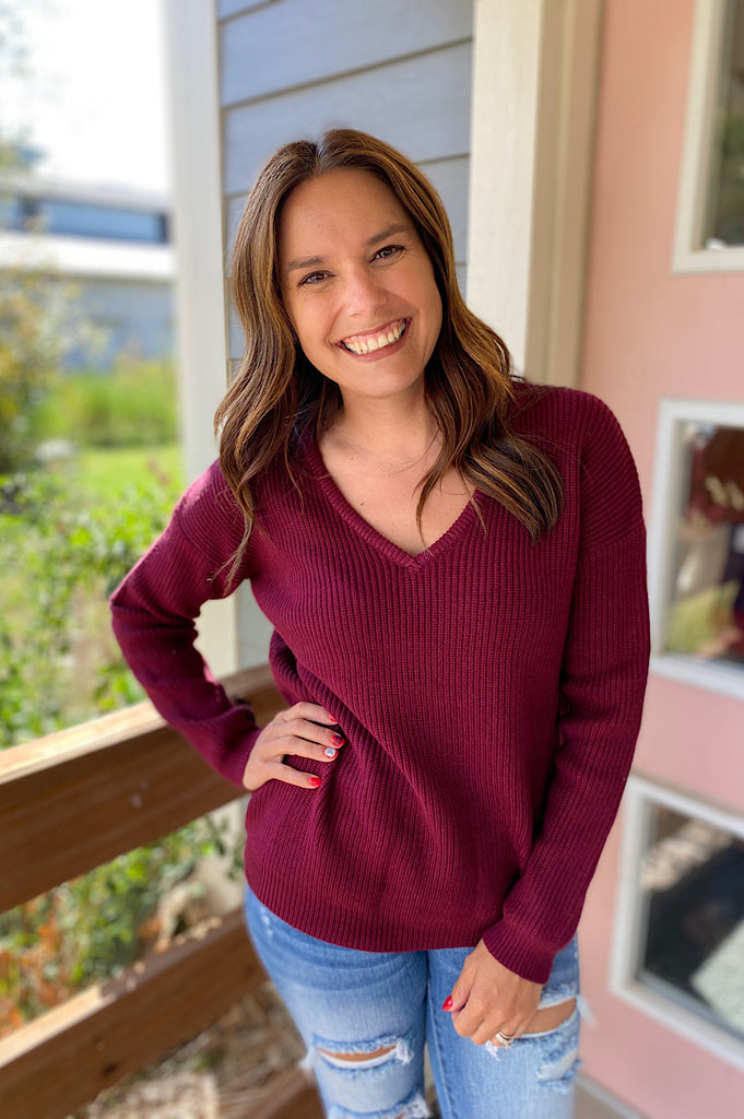 Jaylee Wine Ribbed Knit V-Neck Sweater