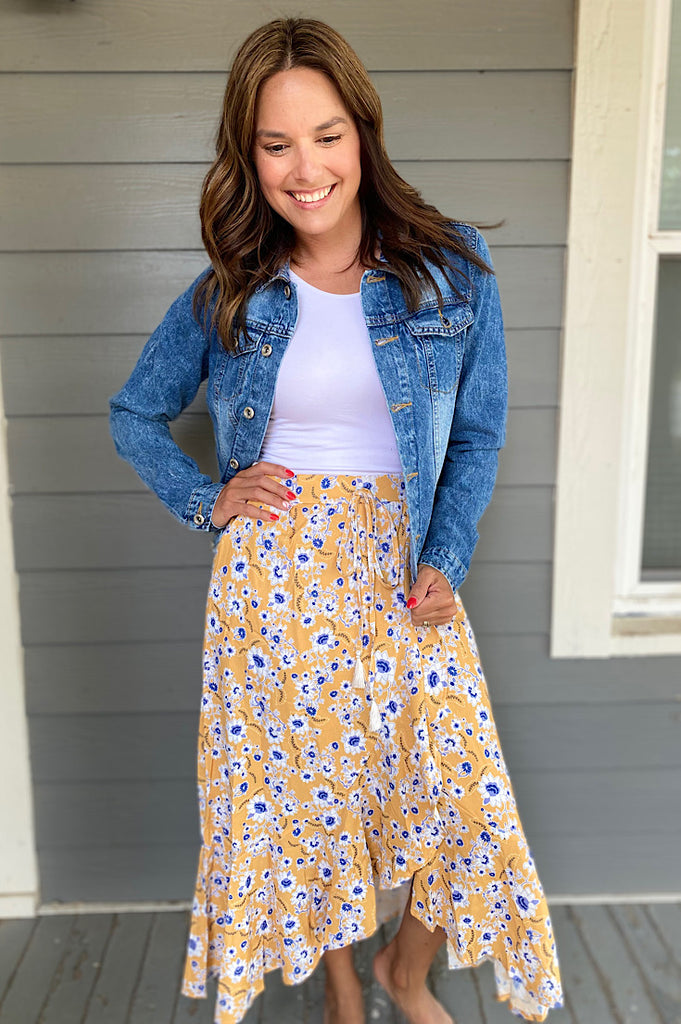 Renee Floral Yellow High Low Flowy Skirt