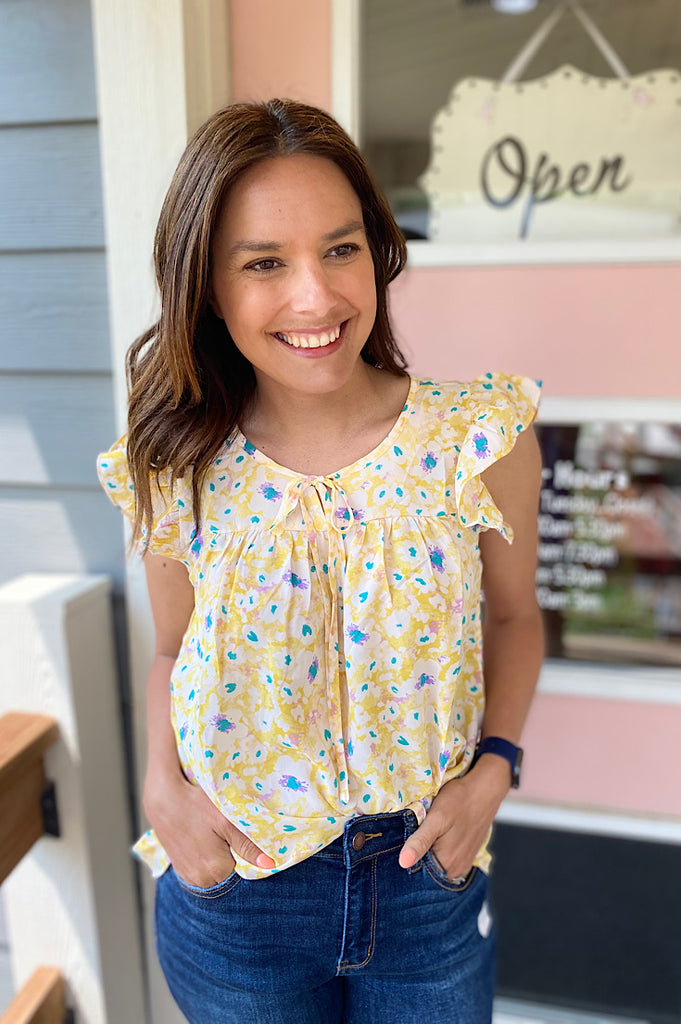 Asher Yellow Floral Flutter Sleeve Blouse
