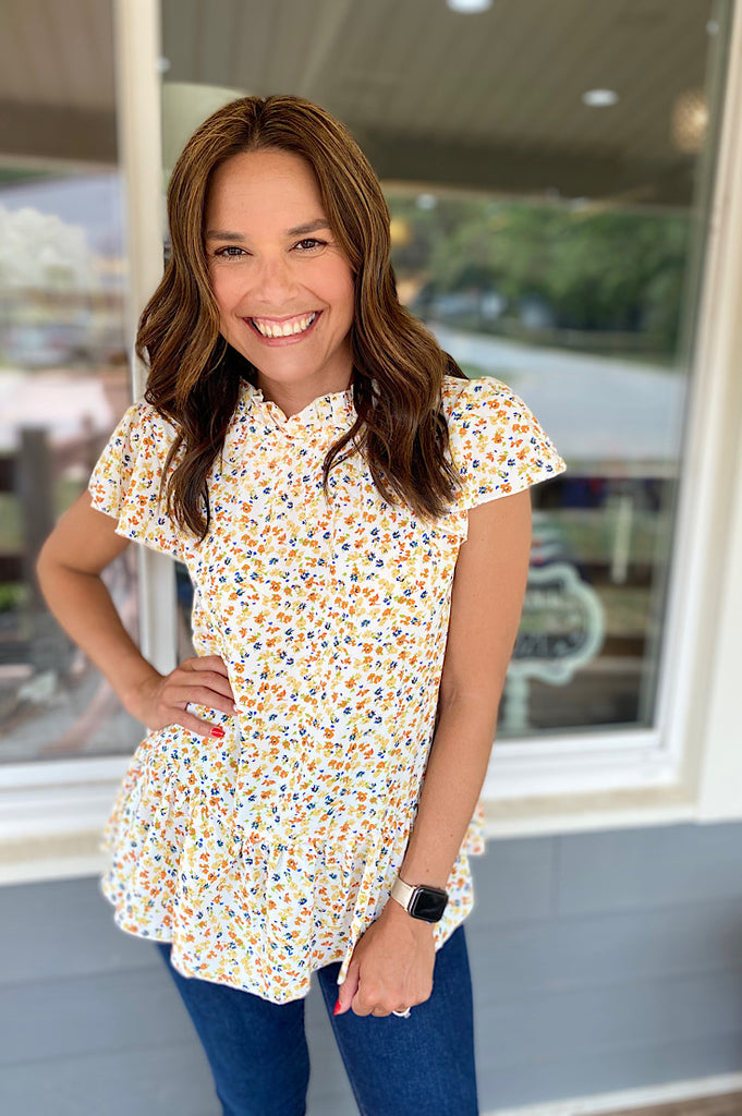 Capri Ruffle Neck with Flutter Sleeves Floral Top