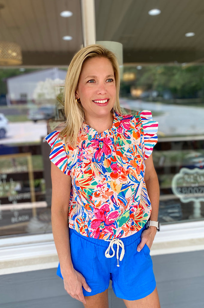 Keely Abstract Ruffled Short Sleeve Blouse