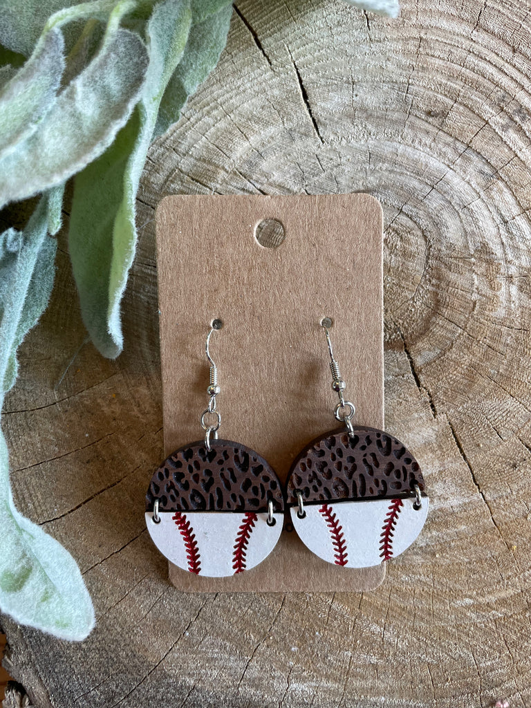 Wood Laser Leopard and Baseball Earrings