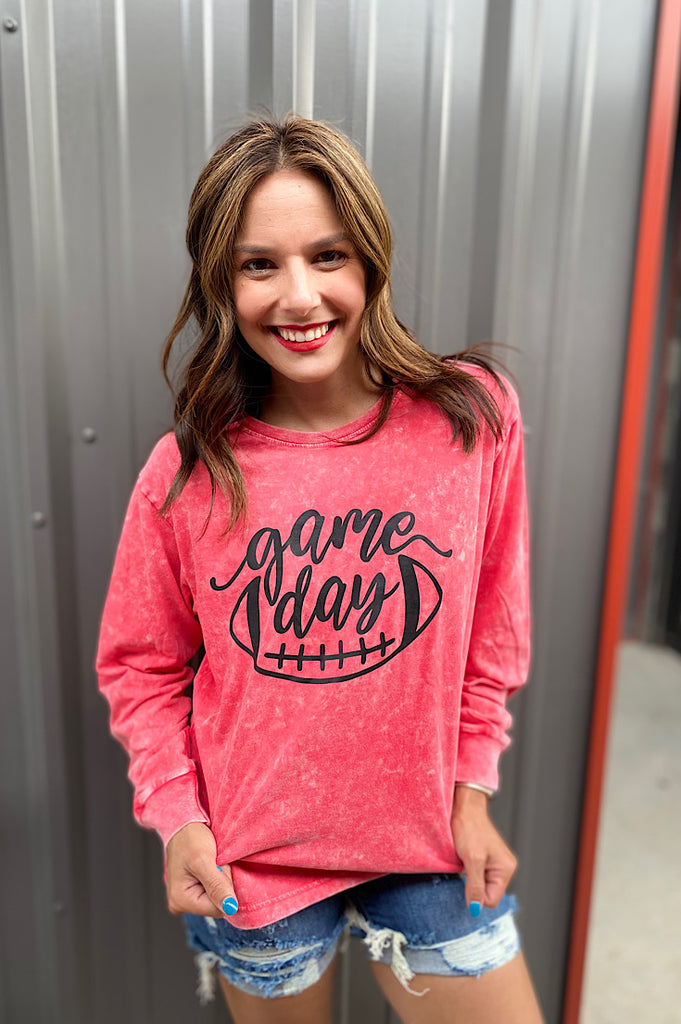 Game Day Long Sleeve Red Washed Tee