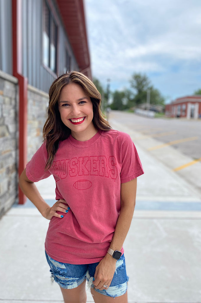 Huskers Faded Red Football Tee
