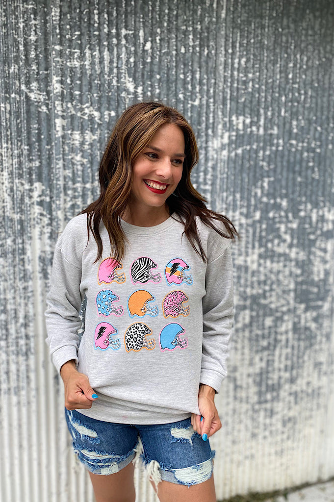 Colorful Helmets On Repeat Grey Sweatshirt Crew