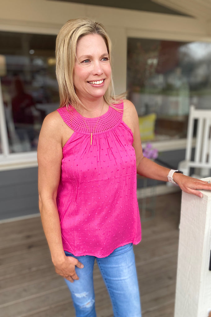 Erica Fuchsia Crochet Neck with Swiss Dots Top