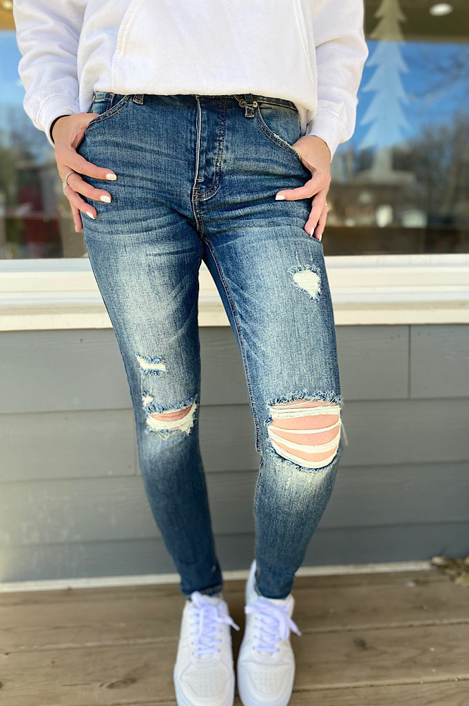Shaylee Mid Rise Dark Wash Distressed Skinny Denim