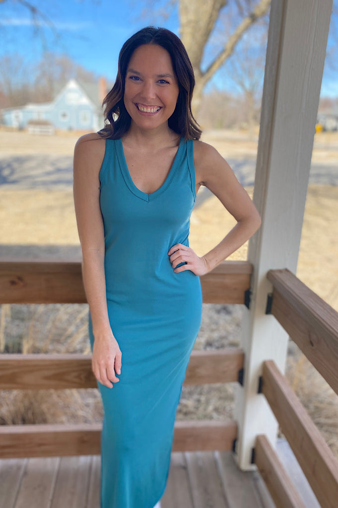 Emery Dark Teal Midi Dress with Side Slits