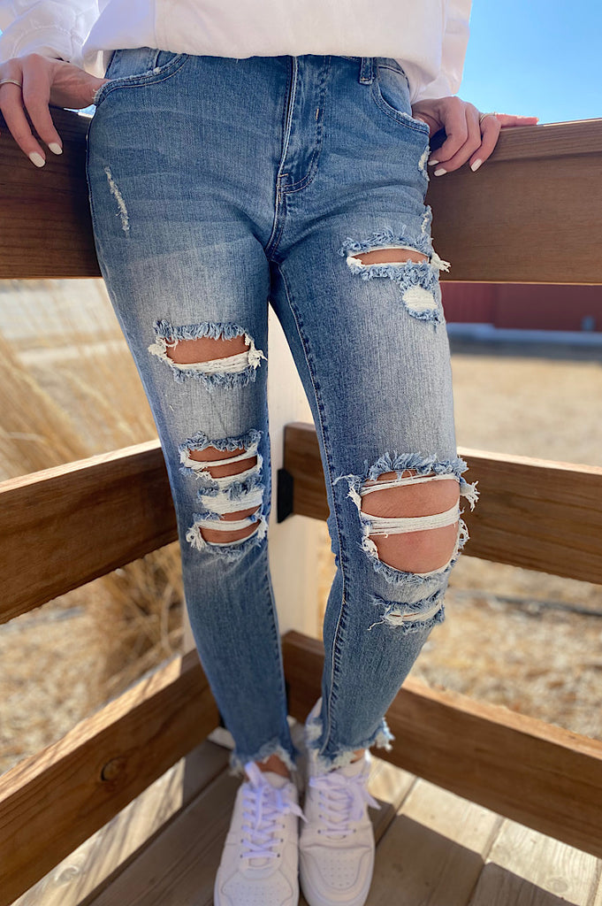 Shayla Mid Rise Medium Wash Skinny Distressed Denim