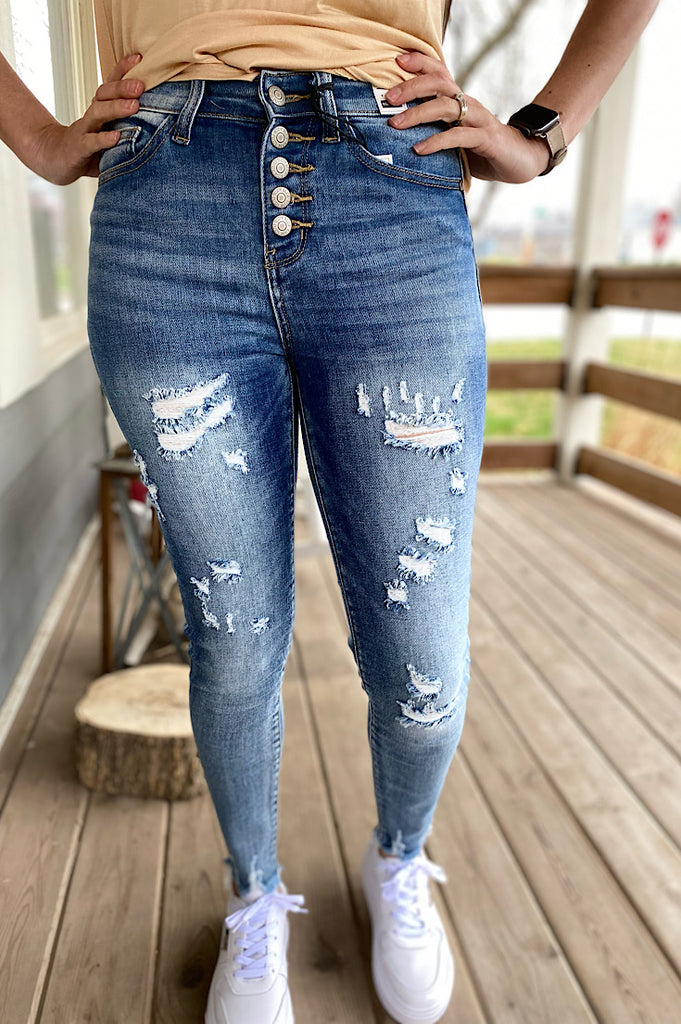 Jaylin Judy Blue Button Fly Distressed Skinny Denim