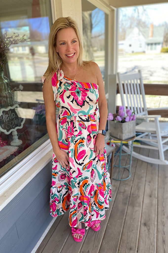 Remy Abstract Print One Shoulder Midi Dress