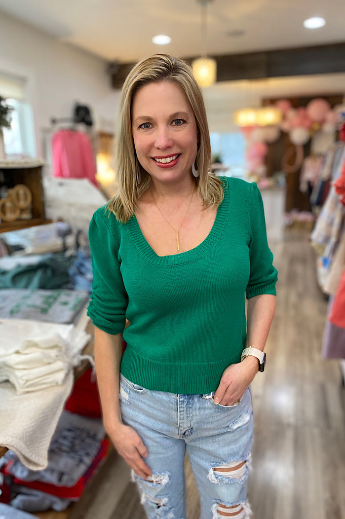 Marlee Emerald Ruched Sleeve Sweater