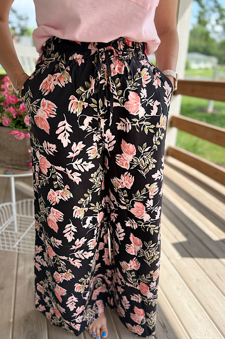 Teagan Black Floral Wide Leg Pants