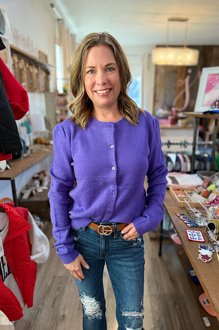 Anne Purple Button Up Sweater Cardigan