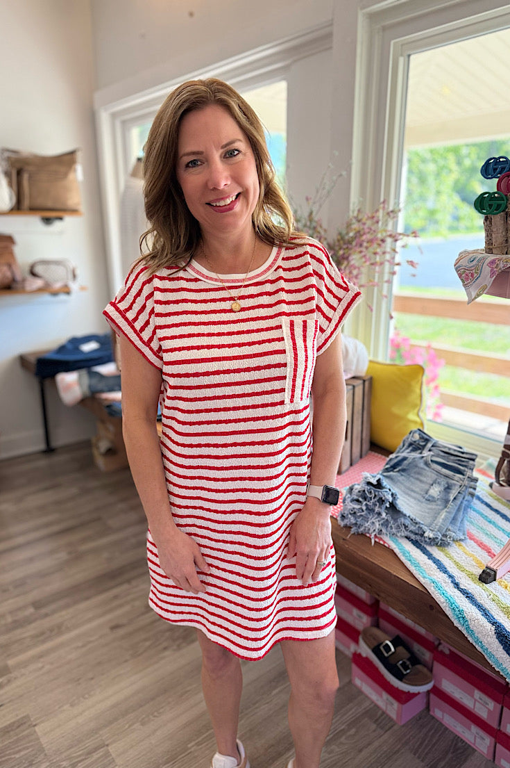 Aniston Red Stripe Textured Dress