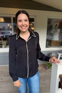 Merritt Blanket Stitch Black Silky Button Up Top