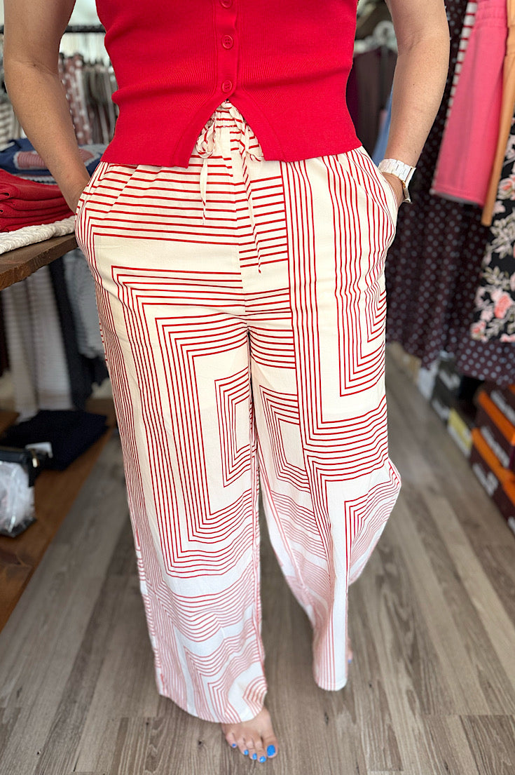 Luna Red Geometric Wide Leg Pants