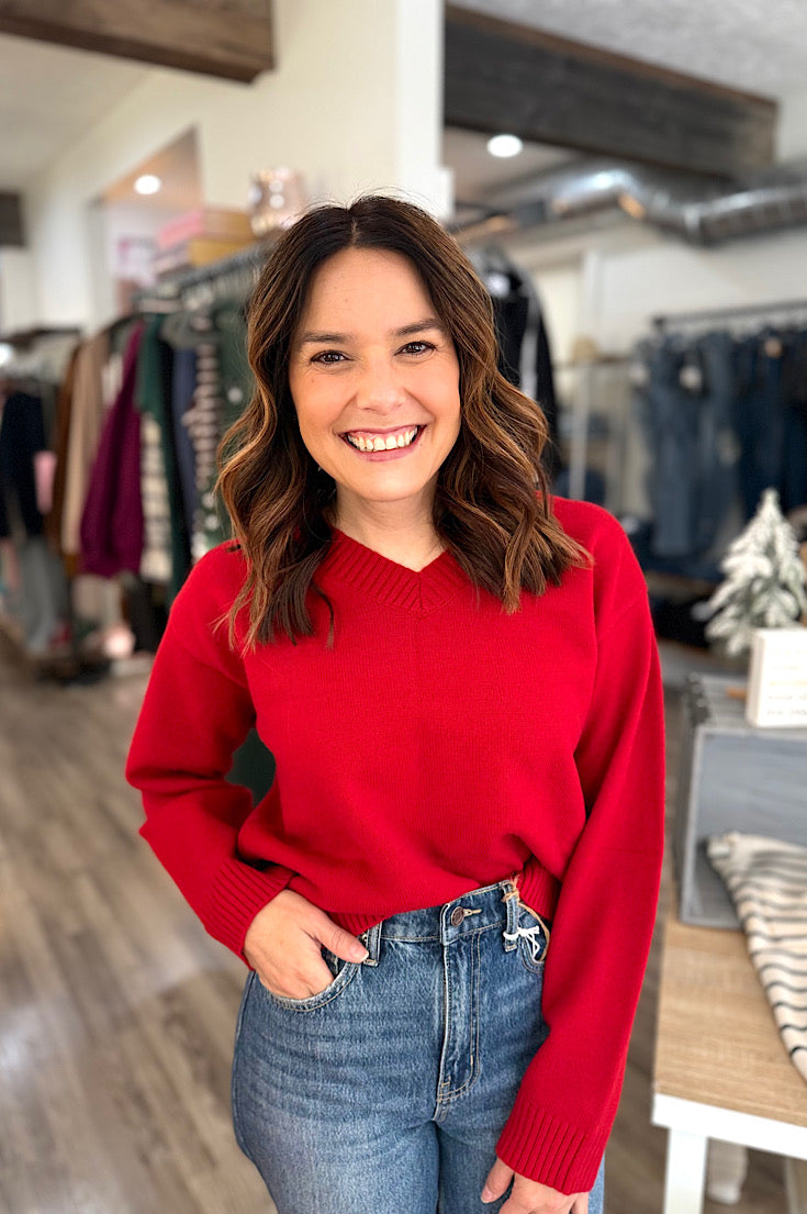 Jolie Solid Red V-neck Sweater