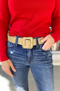 Braided Straw Belt with Square Buckle