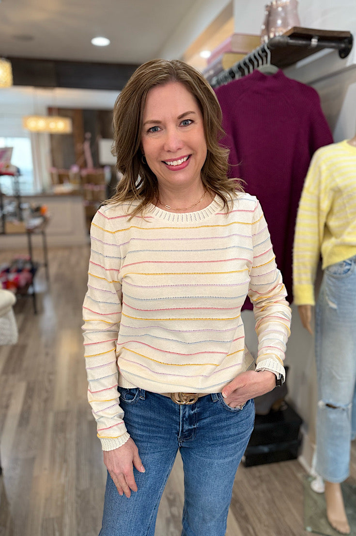 Izlee Ivory Striped Lightweight Sweater