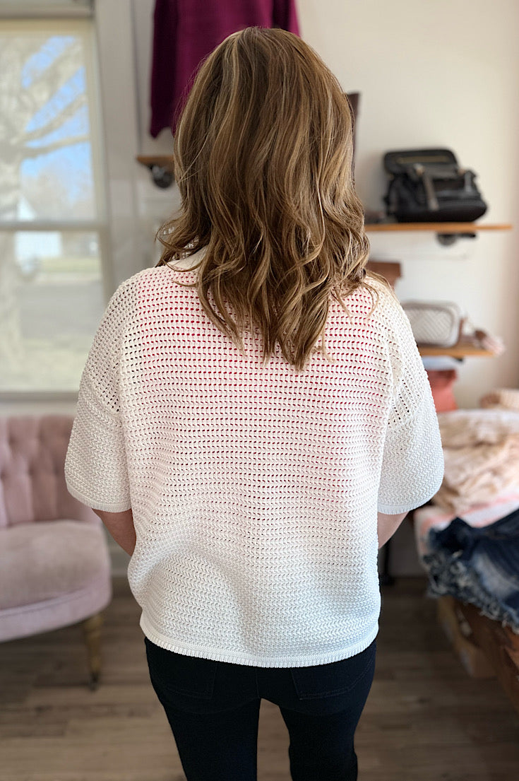 Tate White Open Knit Short Sleeve Cardigan