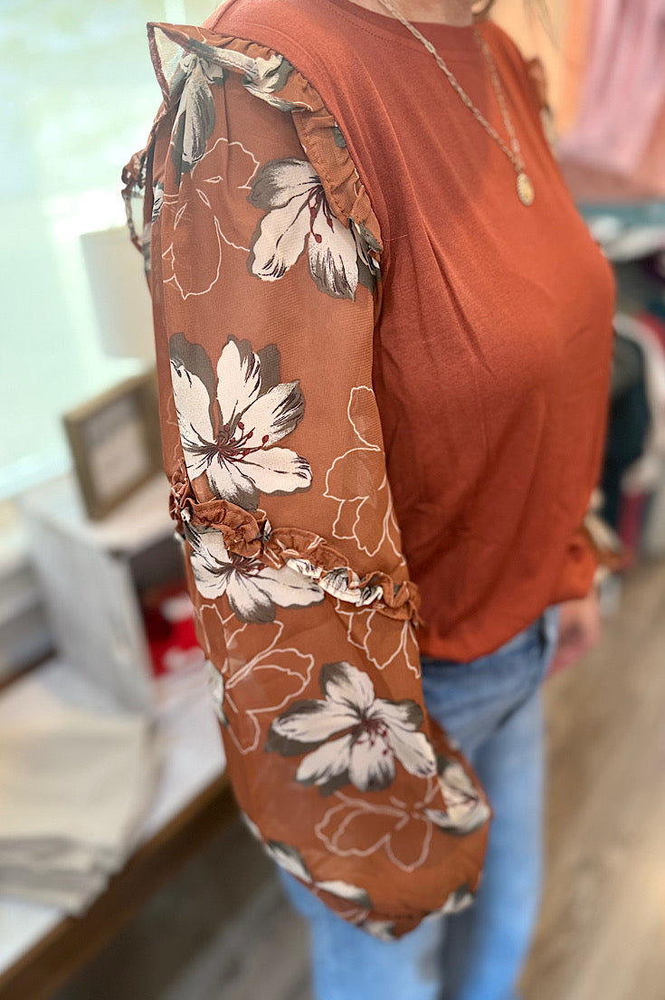 Kellyn Rust Floral Sleeve Blouse