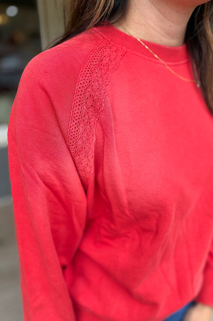 Delaney Washed Red Lace Trim Sweatshirt
