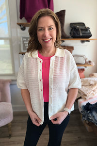 Tate White Open Knit Short Sleeve Cardigan