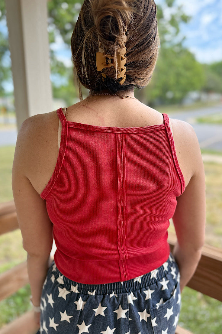 Greta Washed Red Ribbed Halter Tank