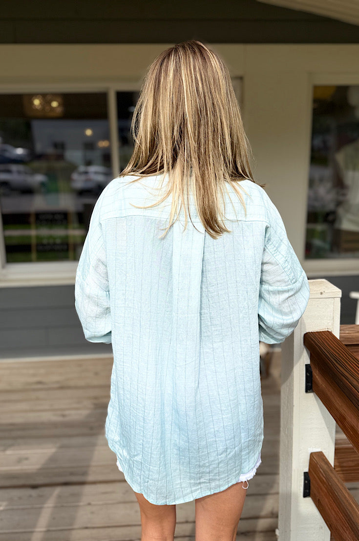 Karter Mint Linen Look Stripe Button Down