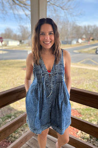 Tatum Washed Denim Romper with Front Tie