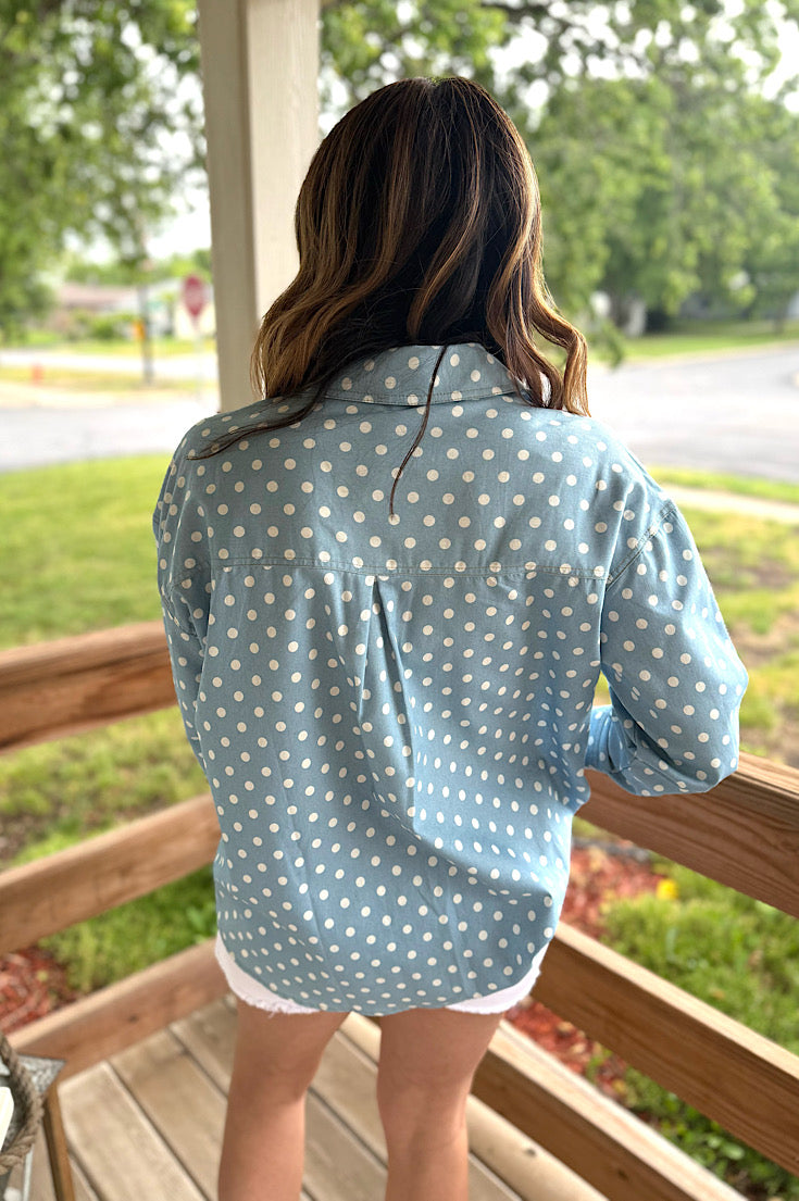 Rylee Polka Dot Denim Button Button Up