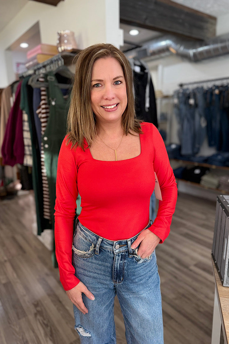 Becca Red Long Sleeve Square Neck Bodysuit