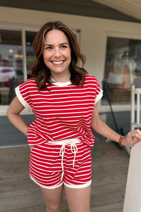 Laney Red and Ivory Striped Top and Shorts Set