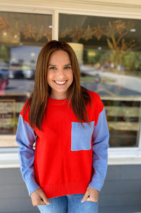 Thea Red and Blue Colorblock Sweater