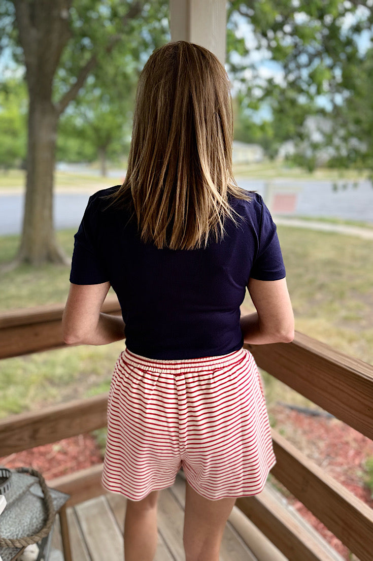 Navy Ribbed Embroidered Patriotic Tee