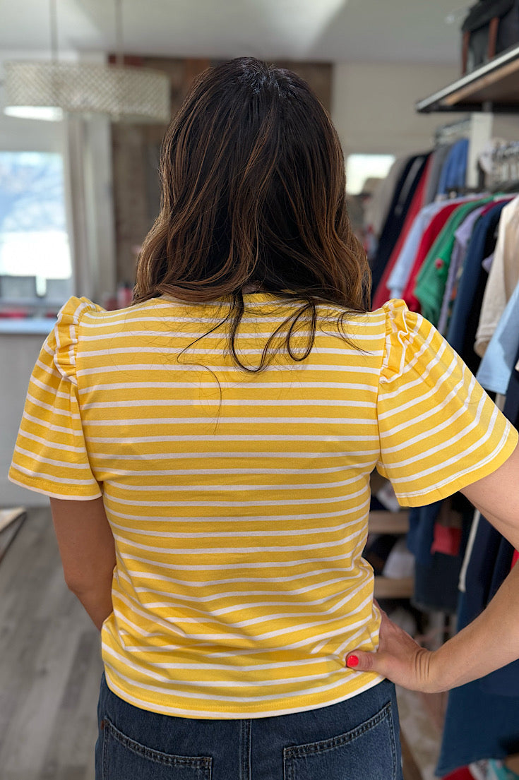 Carter Yellow Stripe Flutter Sleeve Top