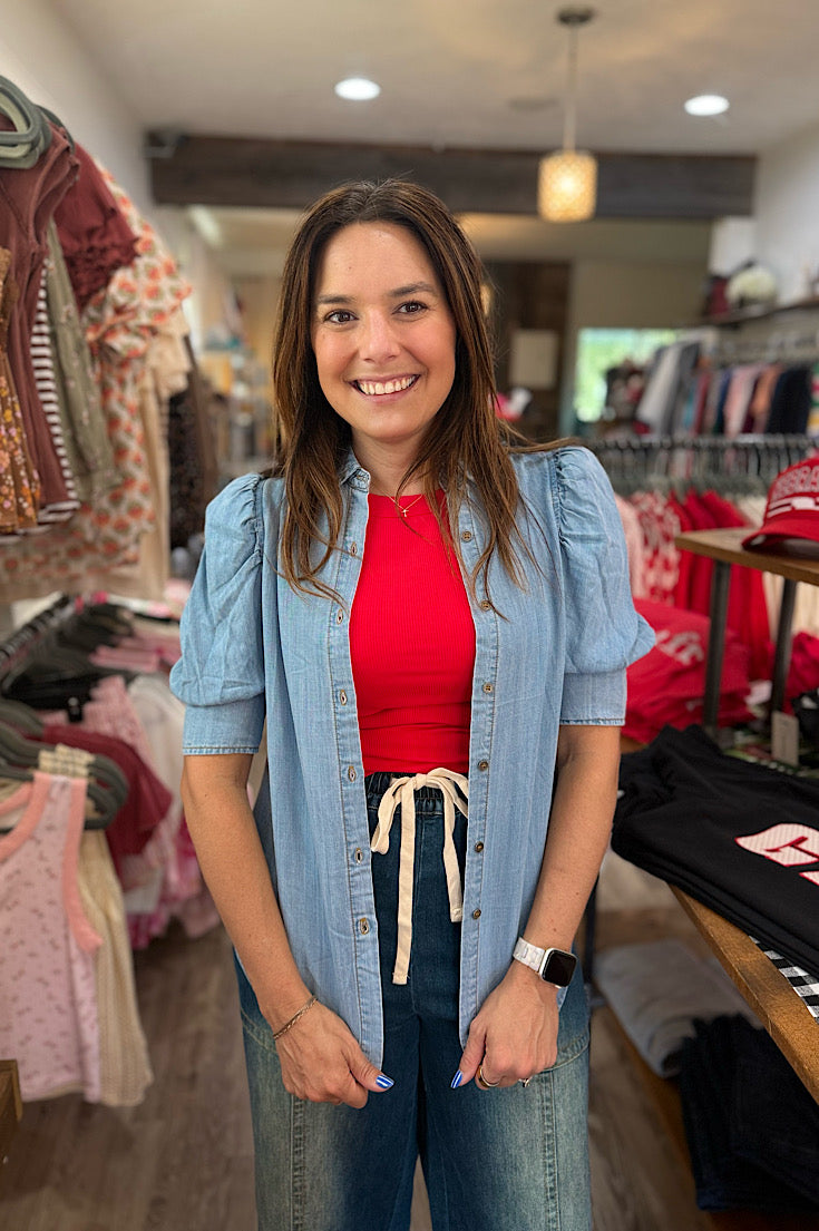 Marlee Short Puff Sleeve Chambray Top